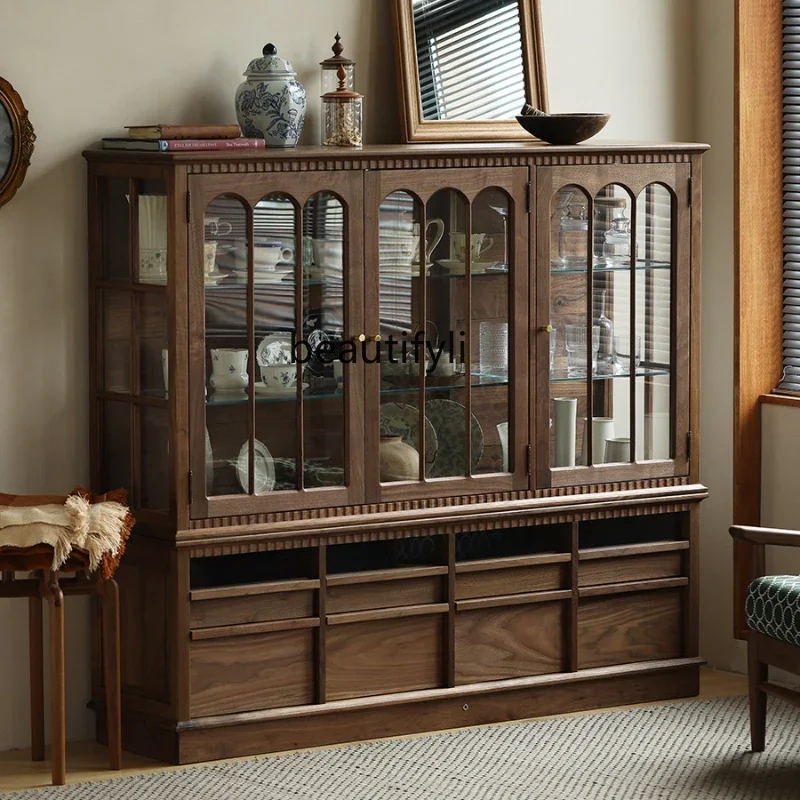 

French Vintage Teaware Porcelain Display Cabinet Made of Glass Black Walnut Combination Sideboard Cabinet
