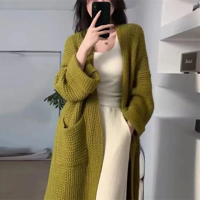 

Spring Autumn New Medium Long Sweater Women's Coat Korean Version Of Solid Color Knitted Cardigan Lazy Wind Show Thin Clothes