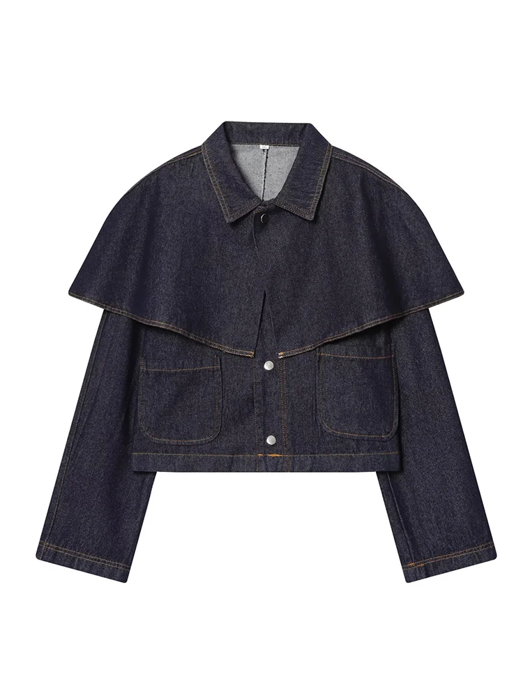 Autumn Women Denim Cloak Jackets 2025 New Casual Loose Pockets Cape Outerwear Fashion Female Long Sleeve Lapel Streetwear