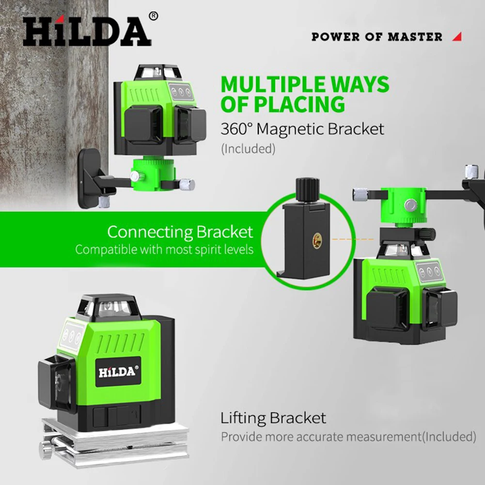 HILDA Mini Laser Level Meter 12 Lines 3D Self-Leveling 360&deg; Horizontal & Vertical Cross Line Green Laser Beam 3000mAh Instrument laser level