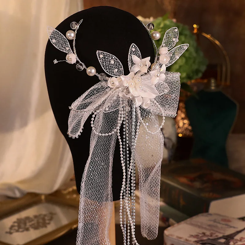 New Bridal Headwear White Lace Flower Beaded Tassel Hairpin Wedding Edge Clip Hair Accessories for Women