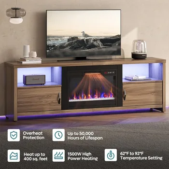 Fireplace TV Stand with LED Lights, 70 Inch Entertainment Center with Storage Cabinets for TVs Up to 80 2