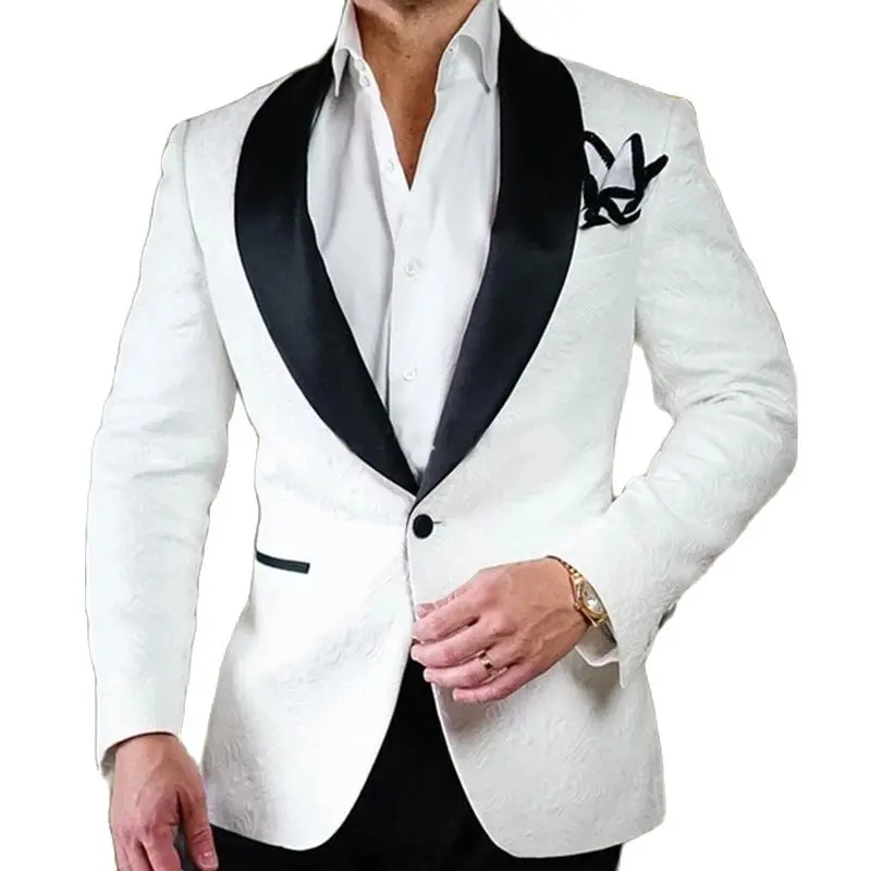 

White Paisley Floral Groom Tuxedos with Black Pants Shawl Lapel Groomsmen Mens Wedding Suits 2 Piece Male Fashion Blazer 2023