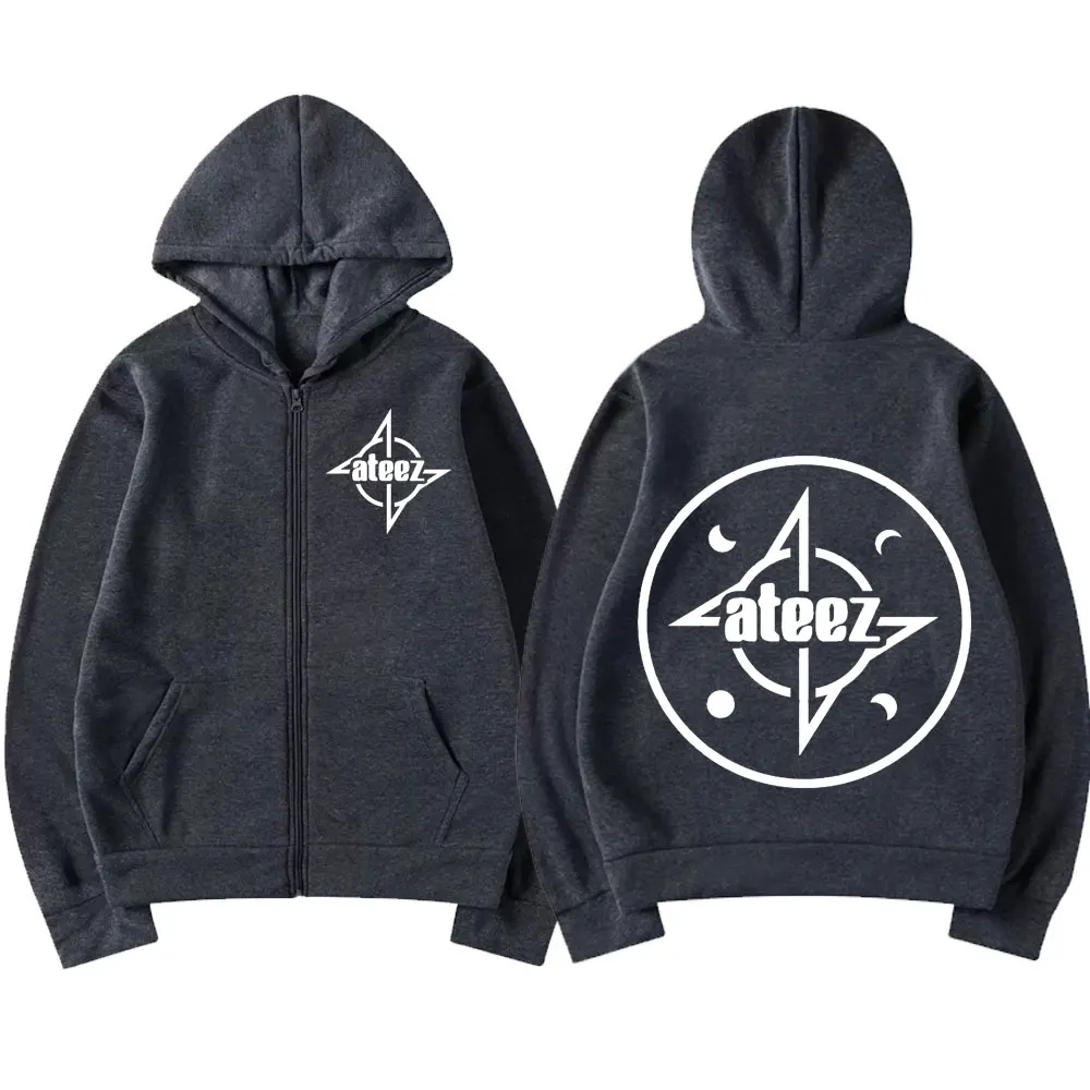 Boy Band Ateez Double Sided Print Zipper Hoodies Men Women Fashion Vintage Zip Up Pullovers Street Trend Hip Hop Zip Sweatshirts