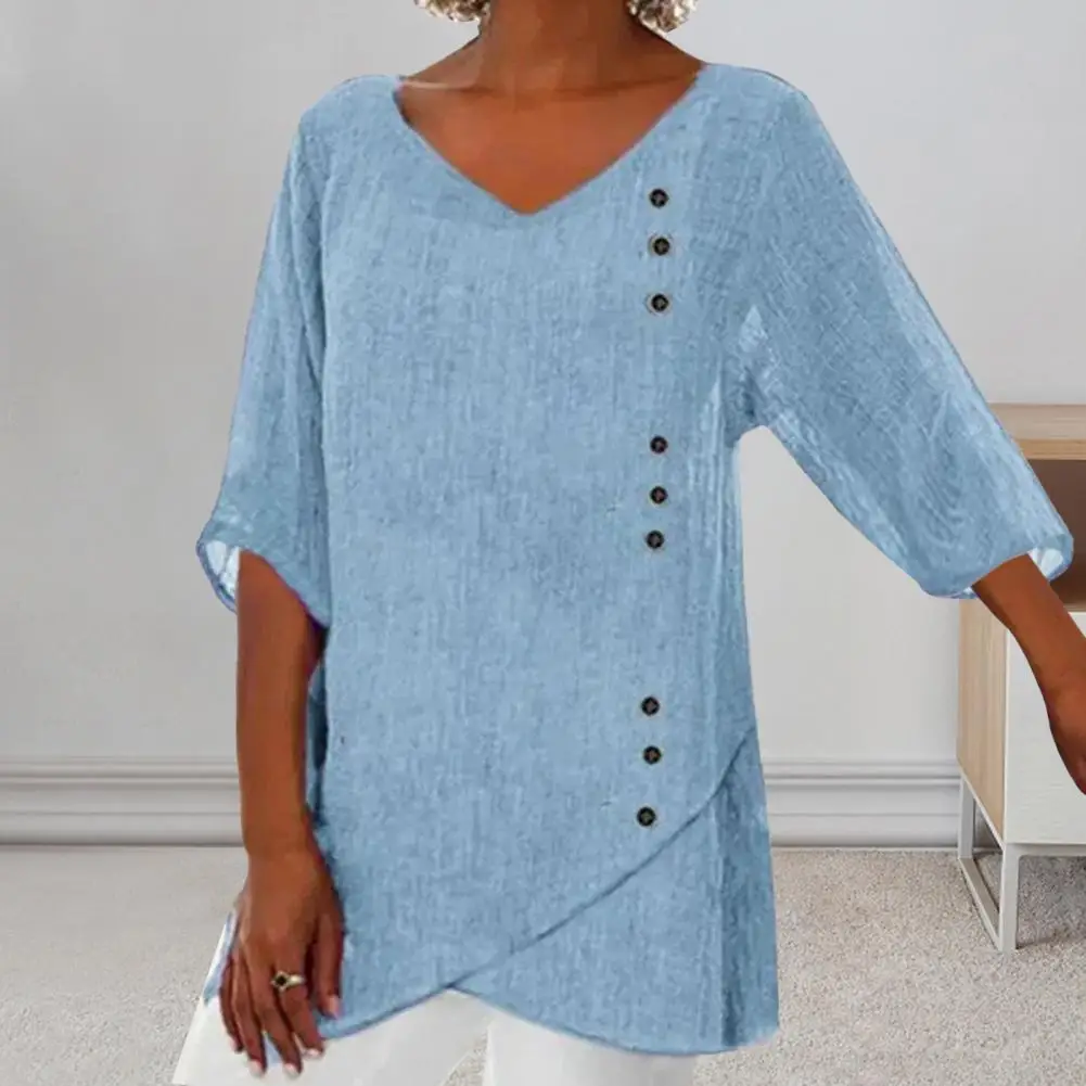 

Топ Женский Повседневный с V-образным вырезом, однотонный пуловер свободного кроя с асимметричным подолом, на пуговицах, с коротким рукавом, свободный крой, повседневный Топ