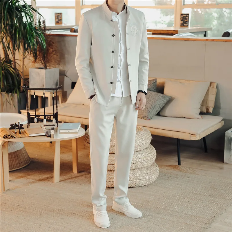 

Ivory Black Men's Chinese Style Mao Suit Set Spring Summer Men's Mandarin Stand Collar Zhongshan Suit Two-piece Set(Jacket+Pant)