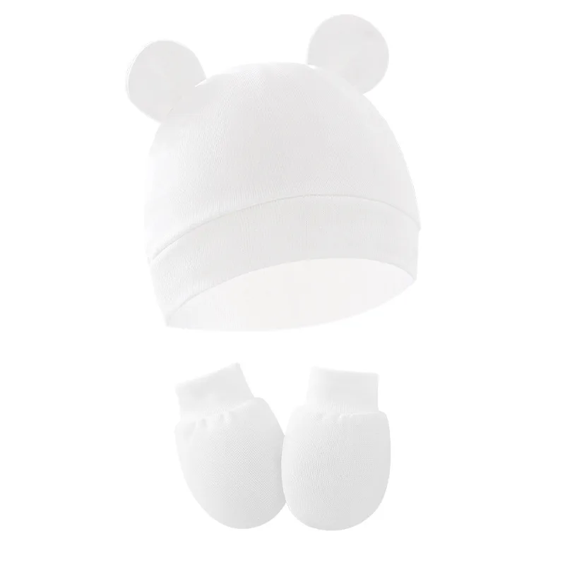 European and American Newborn Baby Cap Anti-grab Gloves Baby Hat Binaural Hat Gloves Two-piece Set 8305