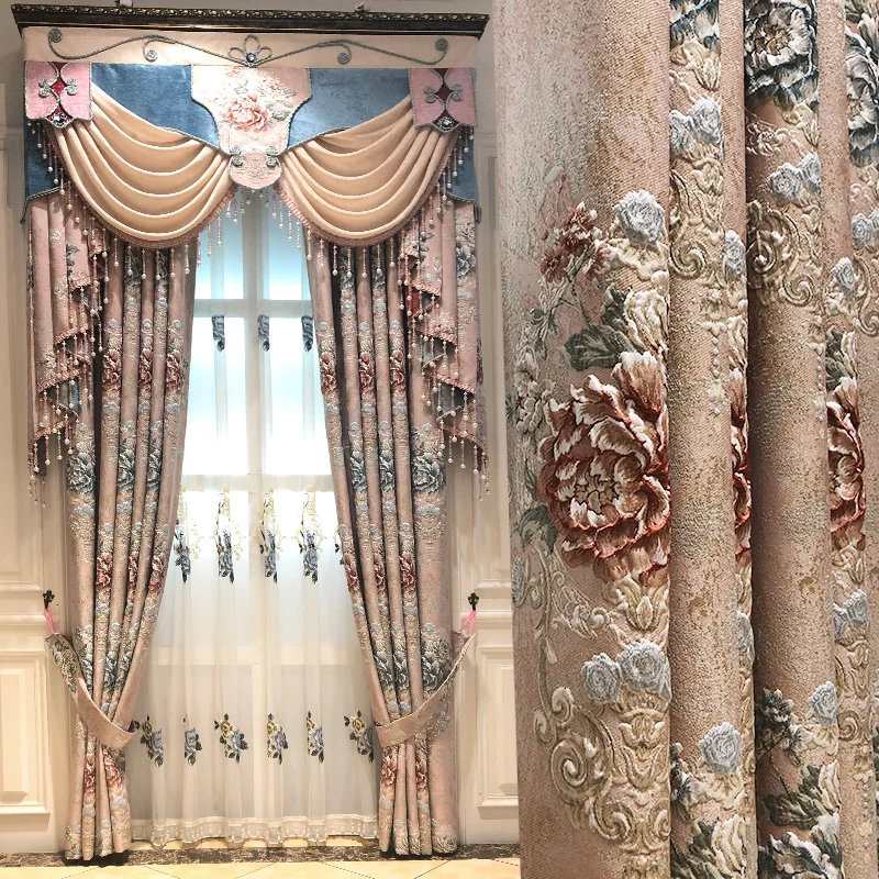 

Custom curtain high-end living room pink romantic warm room shading cloth blackout curtain tulle valance drape C1463