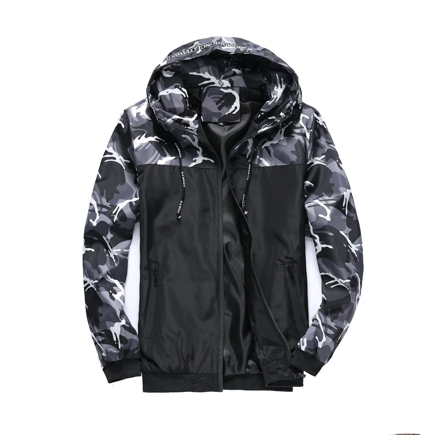 Camouflage men's jacket, work clothes, hood, color matching new youthful shrimp skin_mkmklike.com