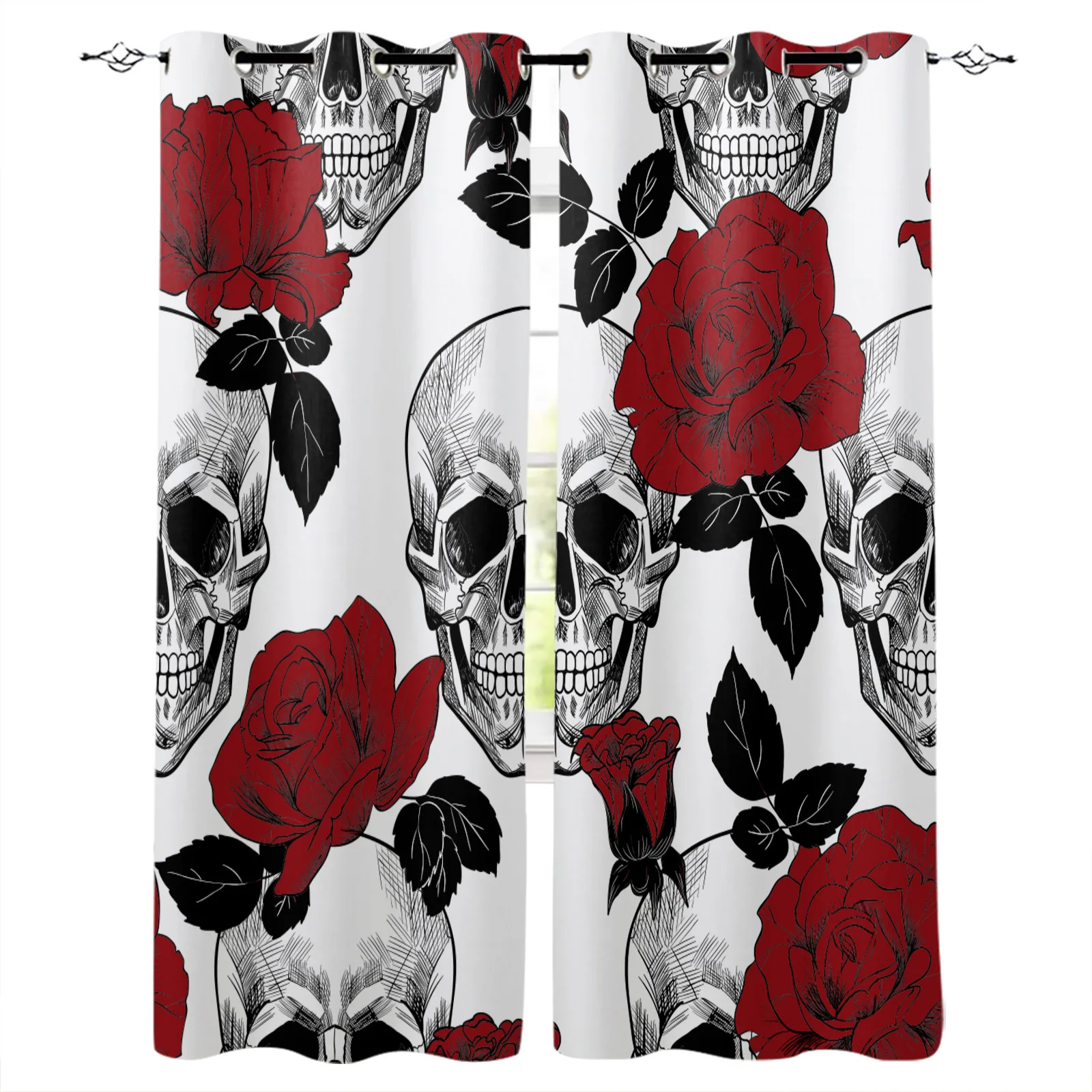

Red Roses Skulls Flower Blackout Curtains Window Curtains For Bedroom Living Room Decor Window Treatments