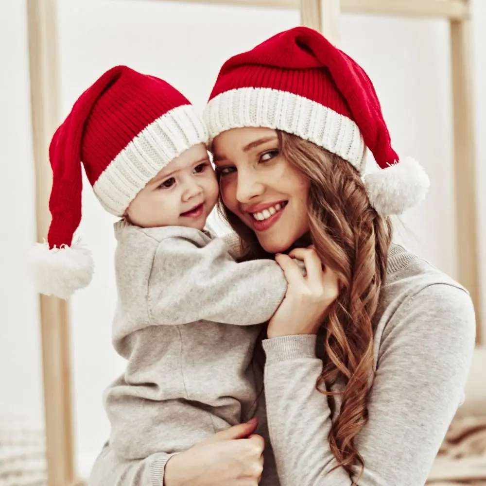 Knitted Kids Christmas Hat Cute Christmas Parent-Child Hat Pompom Adult Child Soft Beanie Santa Cap New Year Party Kid Gift