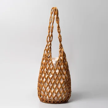 Borsa Intrecciata con Design Raffinato, Borsa a Secchiello con Perline in Legno Intagliate, Borsa a Spalla Estiva da Donna per la Spiaggia, Borsa Morbida e Soffice