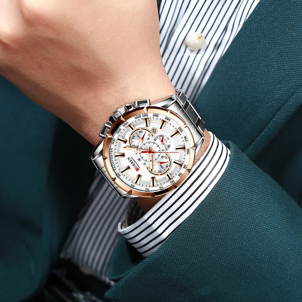 Curren-casual Masculino Esporte Relógios Cronógrafo Banda Relógio de Pulso Grande Dial Relógio Quartz com Ponteiros Luminosos Novo Aço Inoxidável - Image 5
