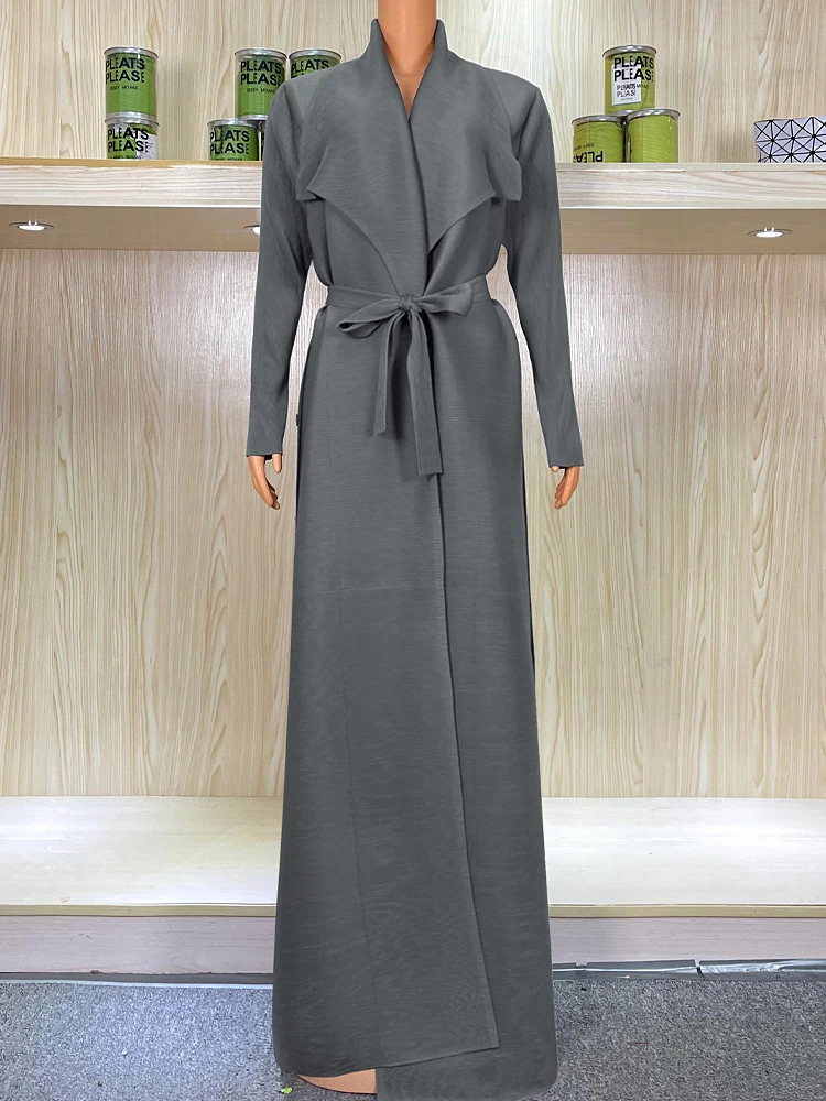 Miyake Pleats Turn-down Collar Long Sleeve Dress Belt Autumn Winter New  Original Designer Button Long Elegant Female Clothes - AliExpress 200000345