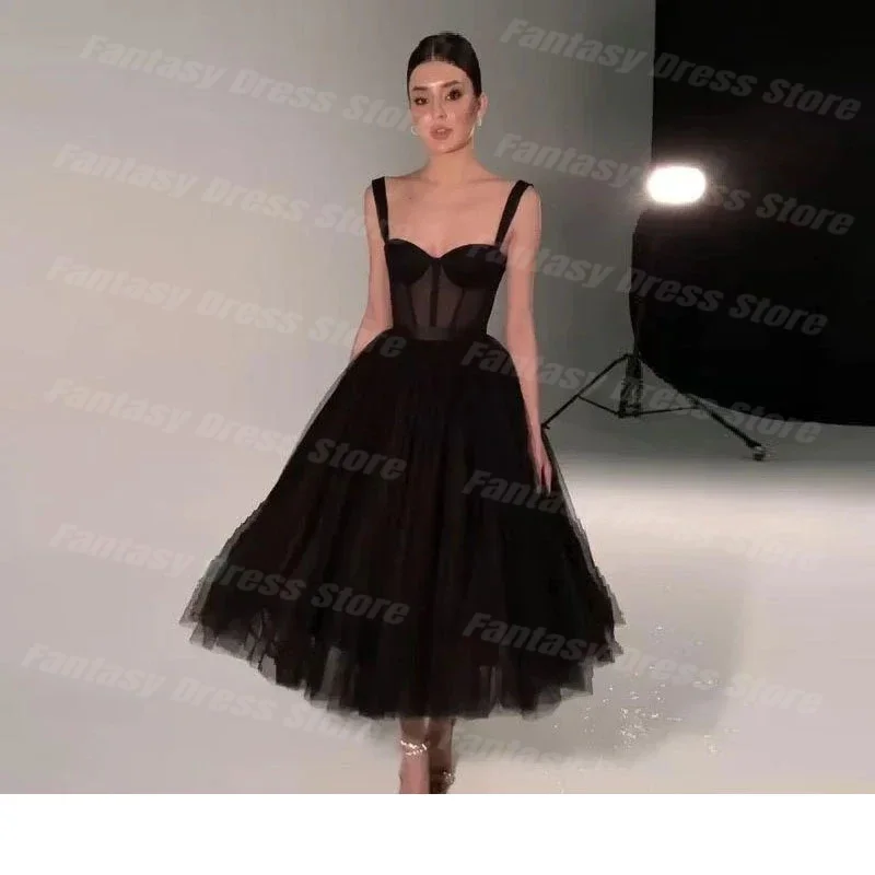 

Elegant Black Spaghetti Strap Prom Dresses Tulle A-line Sweetheart Party Dress Evening Dresses For Women فساتين مناسبة رسمية