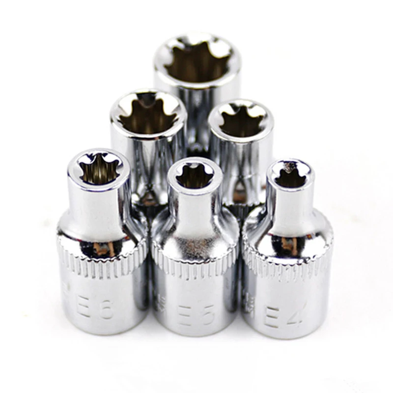 6PCS 1/4" Ratchet Socket.Set.To.rque. Wrench Torx Star Female Socket Adapter E Socket Driver Joint Hand Tools E4 E5 E6 E7 E8 E10 2