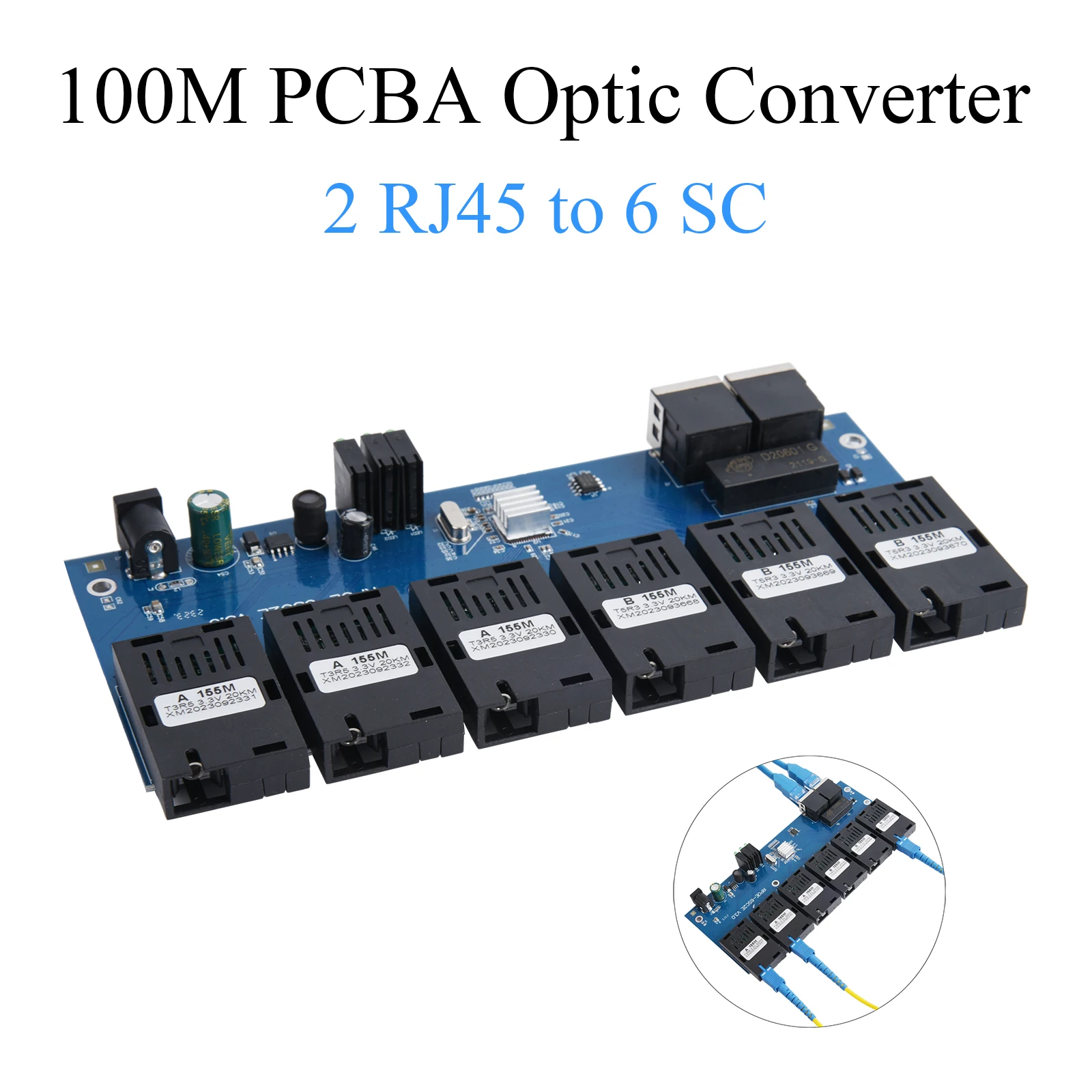 Conversor de Mídia de Fibra Óptica, Comutador Ethernet, Placa PCBA, 20km, 10m, 100m, 2 Conector Ótico RJ45 a 6 SC, 1310nm, 1550nm, 3A + 3B Portas