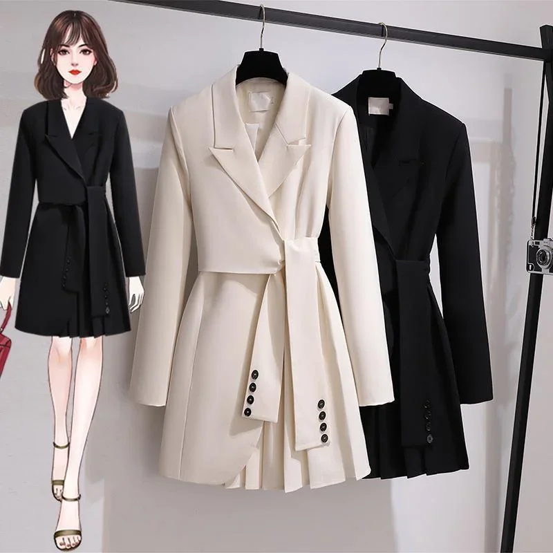 

Women Belt Jacket New Notched Collar Long Sleeve Female Coat Fashion Autumn Blazer Dress Lace Up Sashes Slim Fitting R145