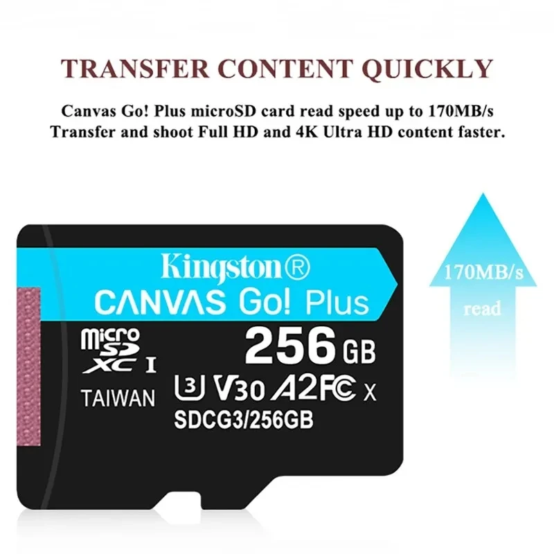 킹스턴 캔버스 고 플러스 마이크로 SD 카드, 스마트폰용 고속 4K 메모리 카드, 64GB, 128GB, 256GB, 512GB, UHS-1 A2