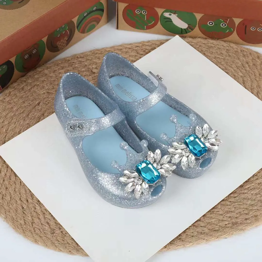 

Summer Mini Melissa Girl's Fashion Princess Soft Sole Diamond Sandals Breathable Non-Slip High Quality Jelly Beach Shoes HMI093