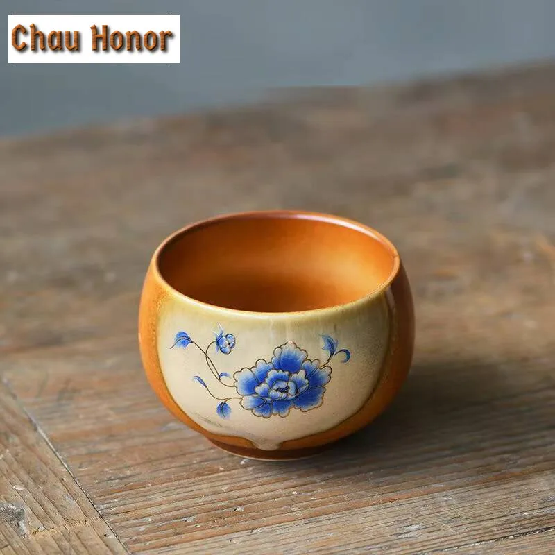 200ml Antique Soda Galze Ceramic Teacup Retro Flower Blossom Rich Tea Bowl Japanese Coarse Pottery Big Belly Cup Puer Master Cup