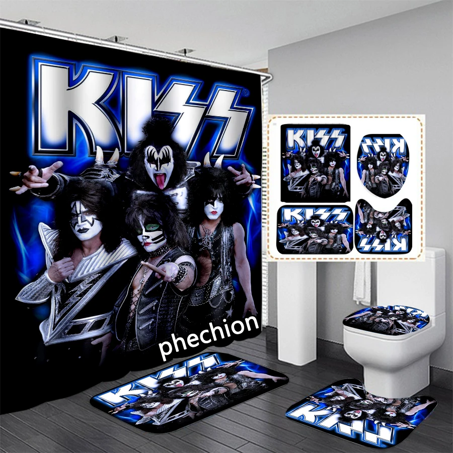 phechion Kiss Band 3D Print Waterproof Bathroom Shower Curtain Toilet Cover Mat Non-Slip Floor Mat (1/3/4Pcs) W74 3