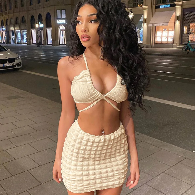 Europe and the United States 2023 summer explosive new lace-up halter halter skirt bubble casual suit female 2023 new europe and the united states explosive african plus size fashion women s ruffled dress belt s9757