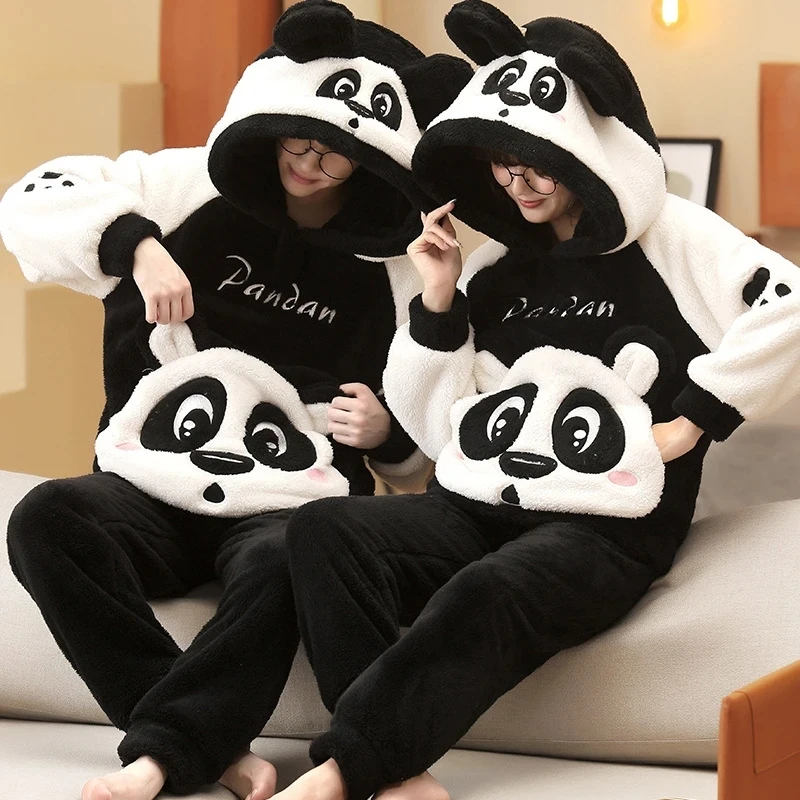 Winter Couple Pajamas Set Women Men Plush Soft Thicken Pyjamas Sleepwear  Korean Loose Homewear Cartoon Panda Pyjamas Suit