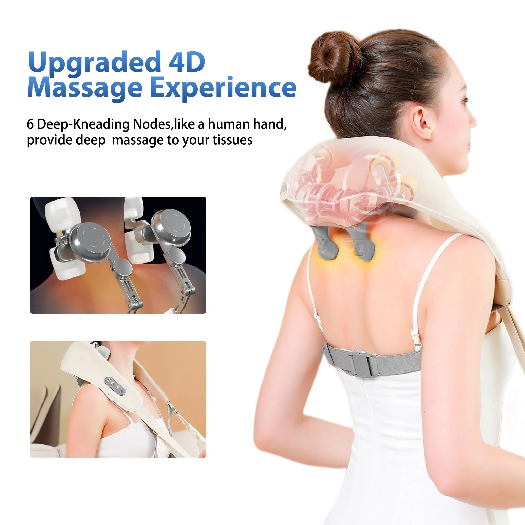 Massaggiatore Shiatsu per il collo, per un massaggio profondo dei tessuti, senza fili, per collo e spalle, con funzione riscaldante e massaggio elettrico impastante 4D._voghion.com