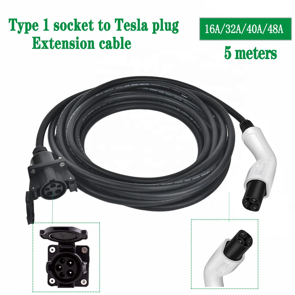 Type 1 Charger J1772 To Tesla EV Extension Cable 16A 32A 40A 48A