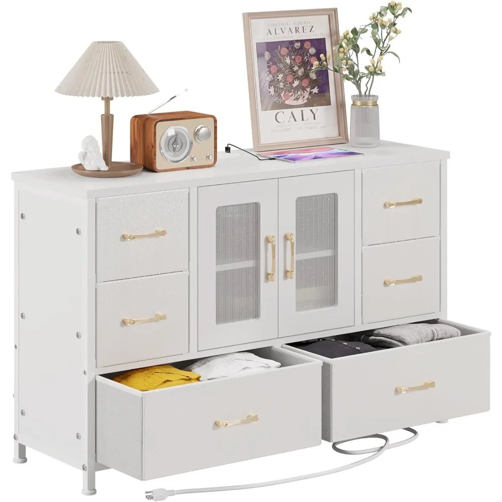 

6-Drawers Dresser with 2 Storage Shelves and Open Door, Fabric Dressers Drawers with Power Outlets, Easy Pull Handle (White)