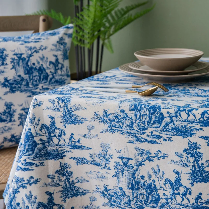 Nappe en Tissu Coton Polyester Lavable, Couverture de Table pour la Cuisine, Décoration de la Maison, Design Original, Impression Artistique Bleue,