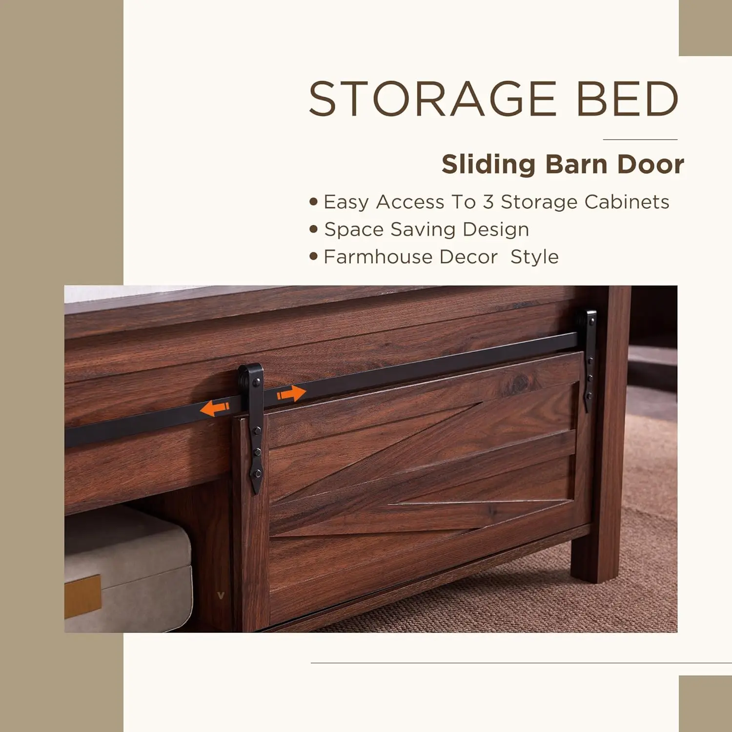 King Farmhouse Wood Bed Frame with Sliding Barn Door Storage Cabinets, Solid Wood Slats Support,  No Box Spring Needed, Brown 4