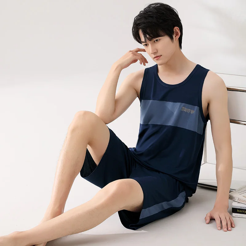 

Men's Modal Pajamas Set Summer Sleeveless Vest Tops + Short Pants 2pc Nightwear Home Wear Suits Simple Fashion Sleepwear for Men