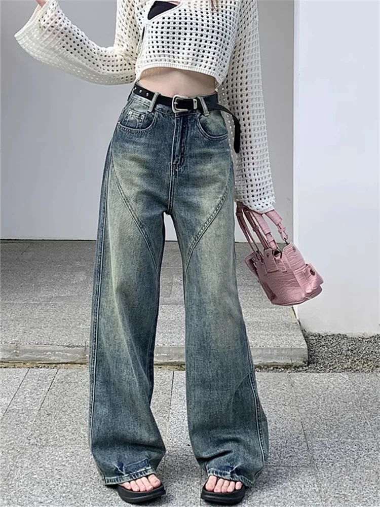 QWEEK Korean Fashion Baggy Jeans Women Y2K Vintage 90s Fairy Grunge Denim Pants Oversized Harajuku Retro Basic Wide Leg Trousers qweek american retro distressed baggy jeans women y2k vintage 90s streetwear high waist denim pants female wide leg trousers