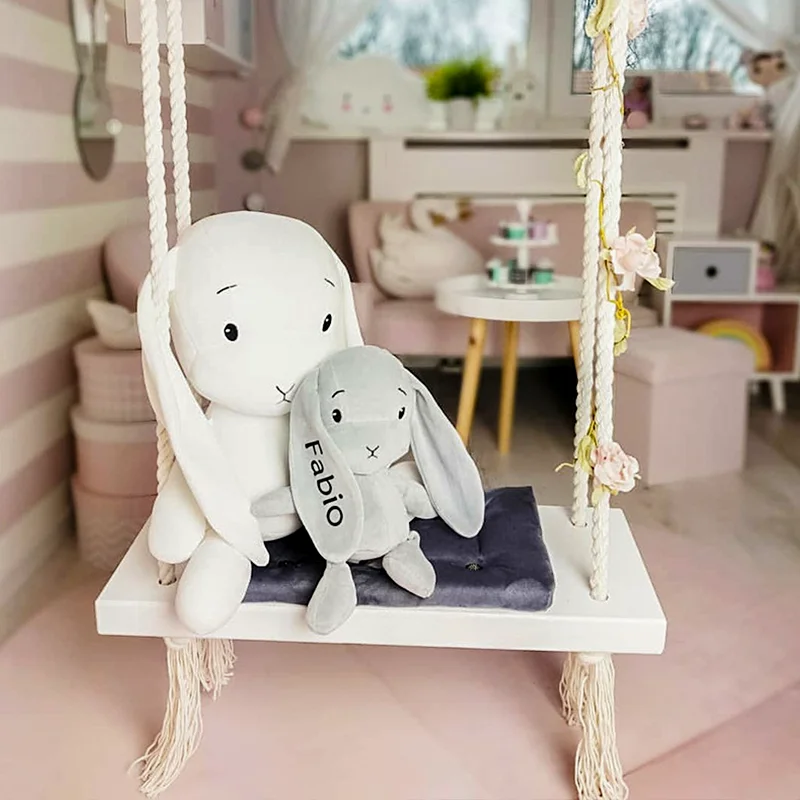 INS Solid Wood Child Swing Chair Kid Hanging Set Children Hammock Toy Rocking Seat Cushion Safety Baby Room Decor 4