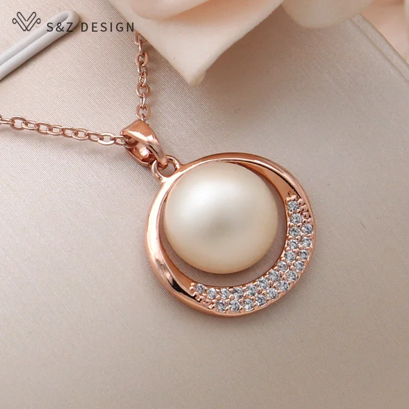 S&Z DESIGN New Fashion Round Simulated-pearl Pendant Necklace For Women Wedding 585 Rose Gold Color Cubic Zirconia Jewelry