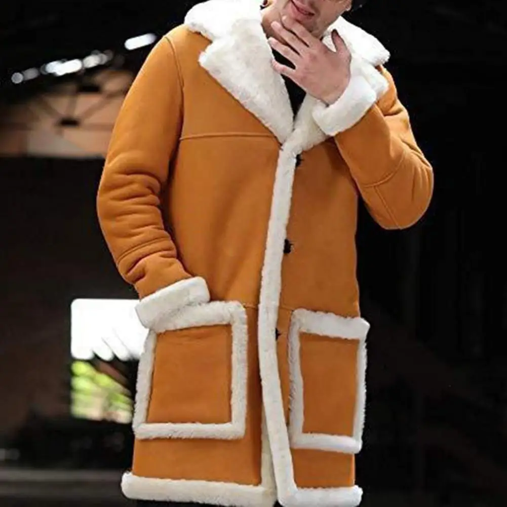 

Men Mid-length Jacket Coat Large Lapel Long Sleeve Pockets Plush Lining Thickened Suede Outwear Fur Accent Single-breasted Coat