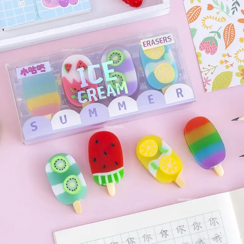 4 Pcs/set Novelty Summer Ice Cream Rubber Eraser School Supplies