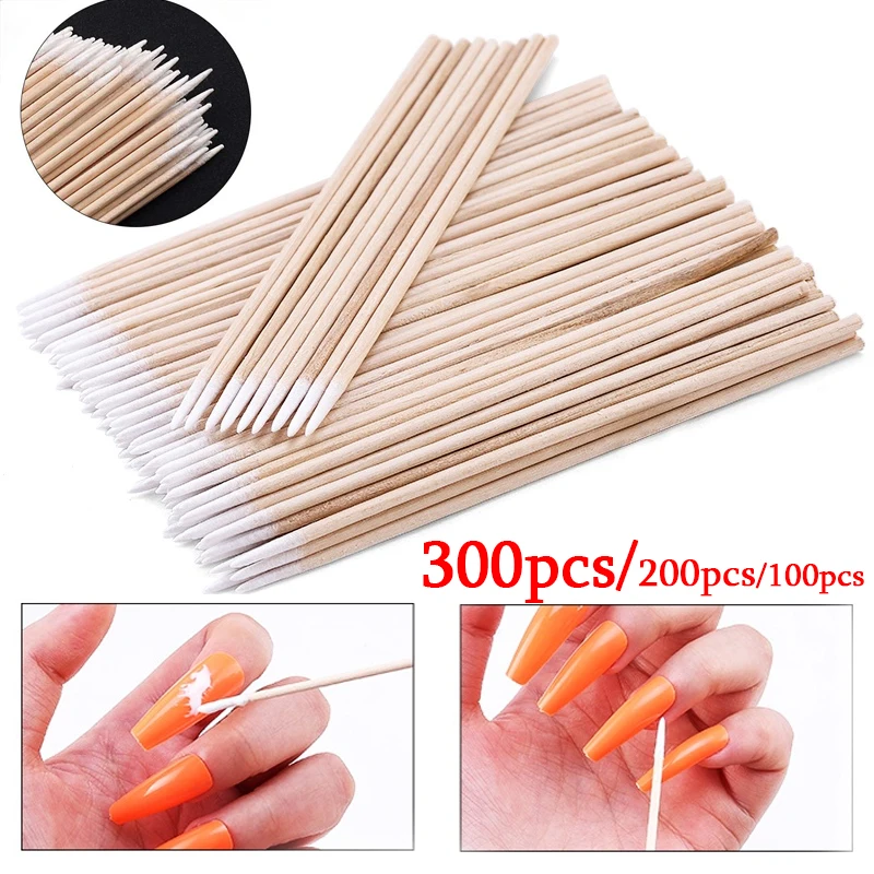 300pcs Nails Wood Cotton Swab Clean Sticks Buds Tip Wooden Cotton Head Manicure Detail Corrector