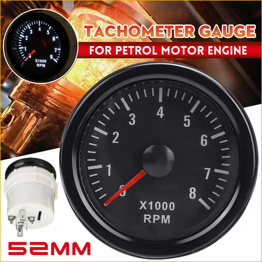 

For Petrol Motor Engine 2" 52MM 0-8000 RPM Tachometer White Backlight Tacho Meter Electrical Tachometer Gauge Rev Counter Meter