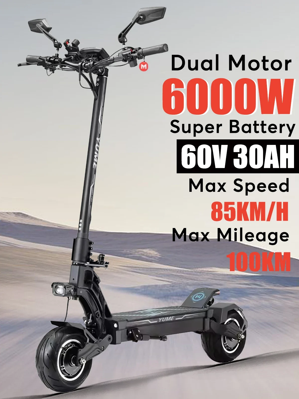 Electric Scooter YUME Hawk pro 6000W Dual Motor Electric Scooter Thumb Throttle NFC Display Max Speed 85KM/H 60V-30AH Battery Max Range 100KM