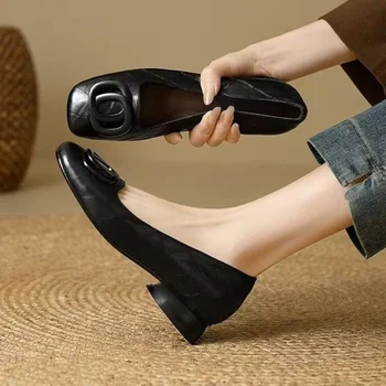 French Style Square Toe Block Heel Pumps Women Spring Autumn New Soft Leather Shallow Shoes Metal Buckle Vintage Women's Shoes 1