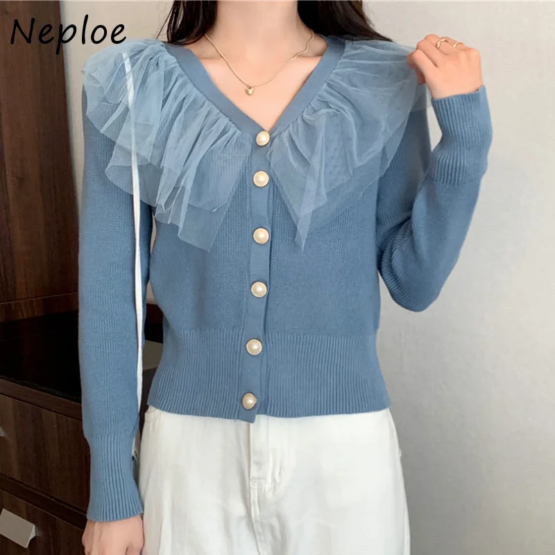 Neploe Double Lace V Neck Cardigans Sweater Long Sleeve Single Breasted Design Straight Slim Pull Femme Coat Autumn Knit 47916 |