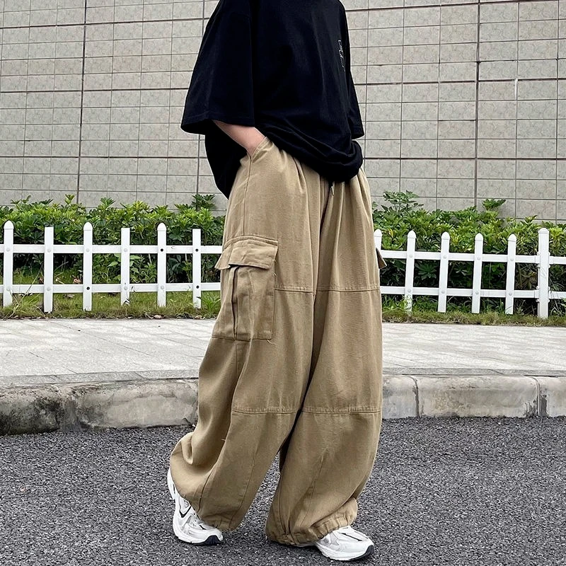 HOUZHOU Harajuku Streetwear Khaki Cargo Pants Women Oversize Pockets Hip Hop Black Wide Leg Trousers For Female Korean Fashion capri trousers