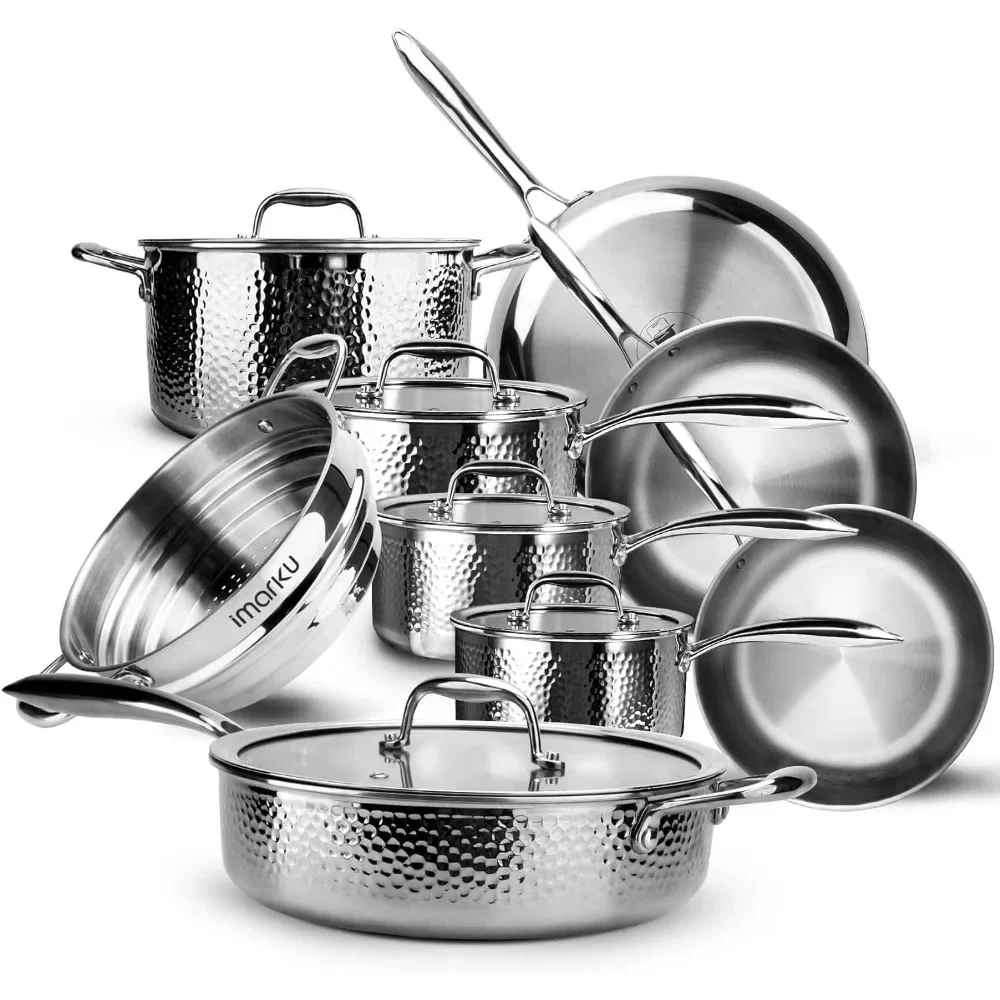 

Pots and Pans Set, 14PCS Kitchen Cookware Sets Tri-Ply Clad Stainless Steel with Hangered Handle and Lids, Suits Ceramic