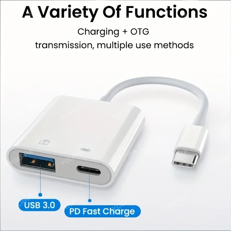 2-in-1 유형 C OTG 어댑터 C-USB(충전 포트 포함) 변환기는 iPhone15와 호환되는 마우스 USB 플래시 드라이브 카메라를 연결합니다.