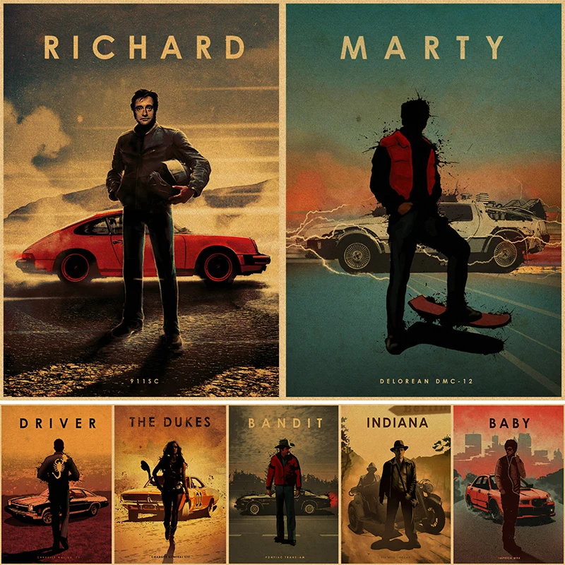 

Classic movie protagonist man and car poster decorative painting home cafe bar kraft paper poster Wall Sticker 4K HD