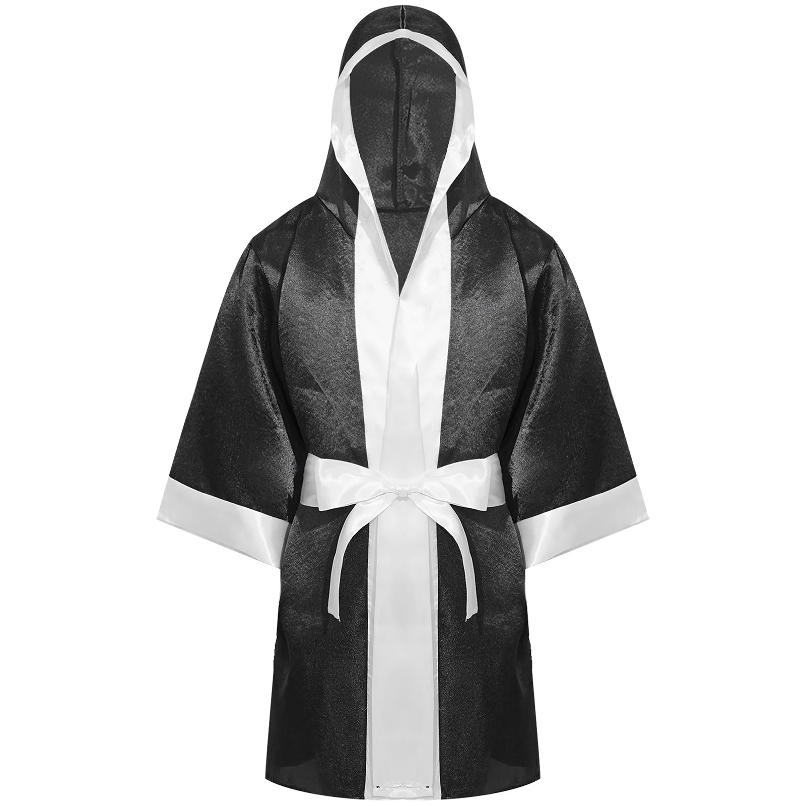 Kids Boys Thai Boxing Robe Boxer Kickboxing Sportswear Satin Hooded Robe Boxing Cloak with Belt Practice Halloween Costume