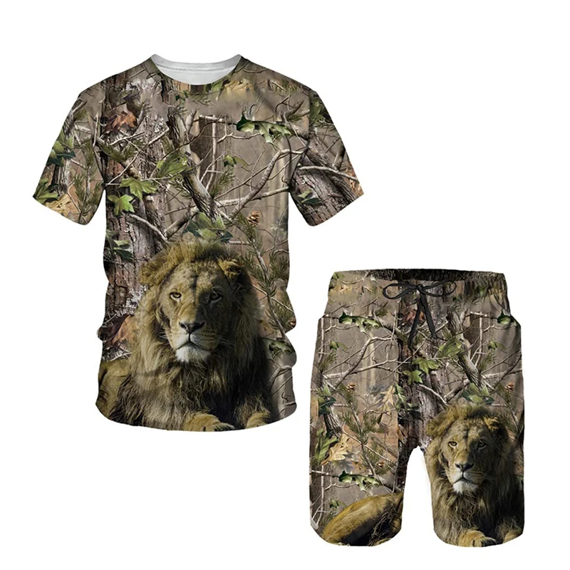 Camouflage Hunting Tracksuit Set Men's Streetwear T Shirt Shorts